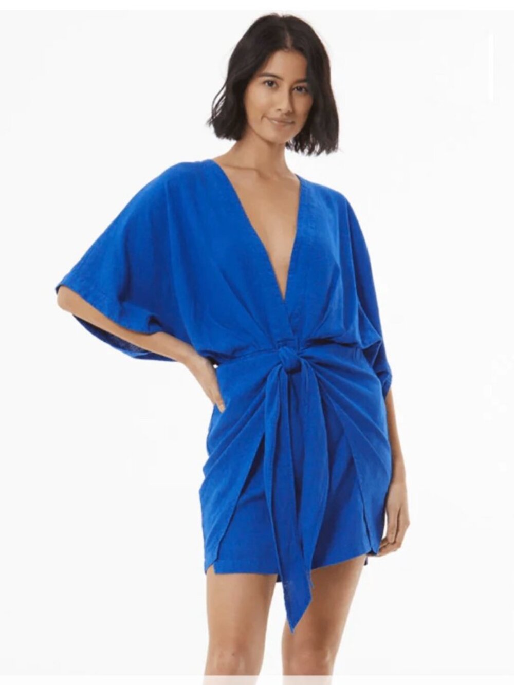 Young Fabulous & Broke Willa Wrap Dress Ocean Blue Linen Blend Small